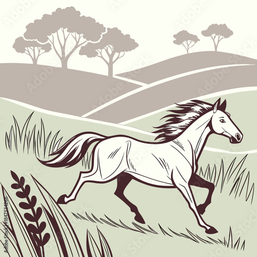 White horse running in green field with trees running horse