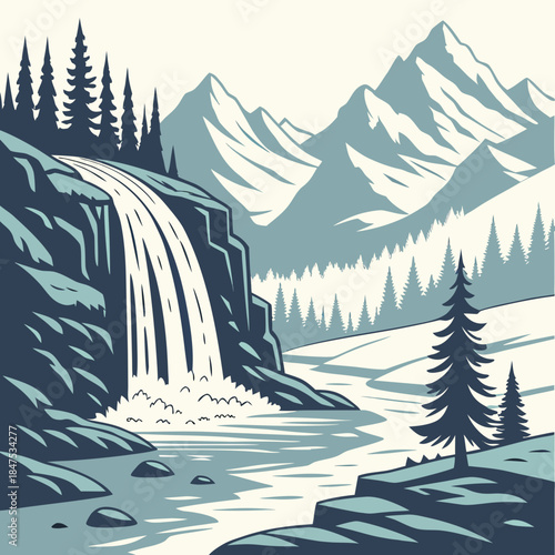 Blue and white of waterfall in mountains trees river