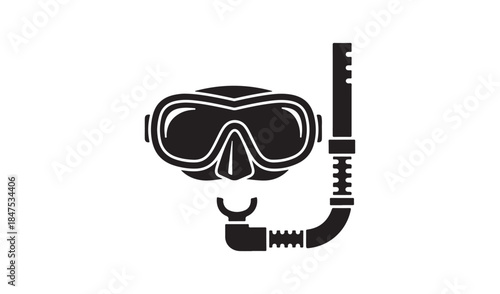 Black and white icon of a snorkel mask and tube, representing diving, swimming, and underwater exploration.