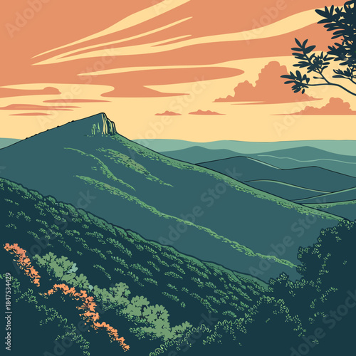 Mountain landscape with green hills and orange sunset