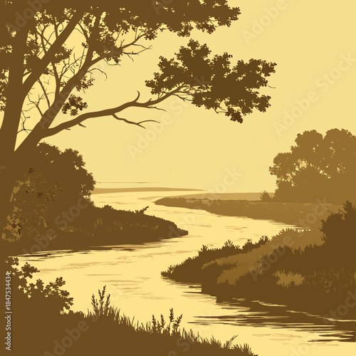 Cuadro en lienzo Sepia river landscape with trees and grassy banks