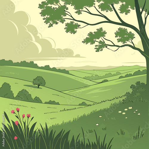 Green hillside with tree and flowers landscape