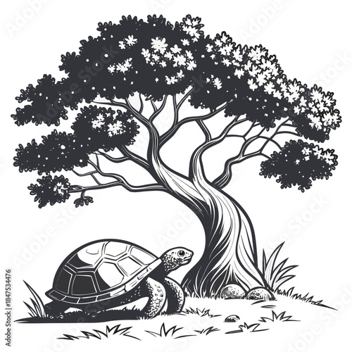 Black and white of turtle under tree animal reptile