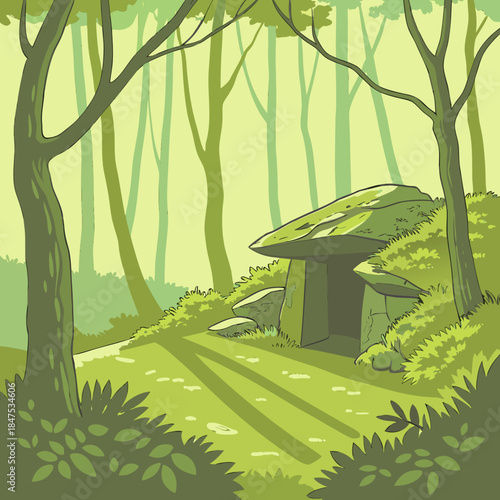 Cartoon forest with stone structure and trees green