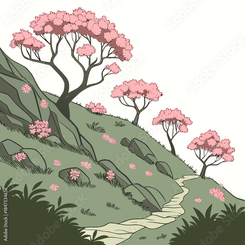 Pink trees on green hillside with winding path rocks