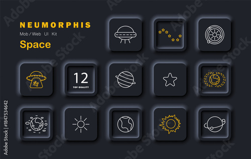 Space set icon. Neumorphic style interface symbols with UFOs, solar systems, constellations, planets, stars, Earth, orbits, and cosmic body visuals