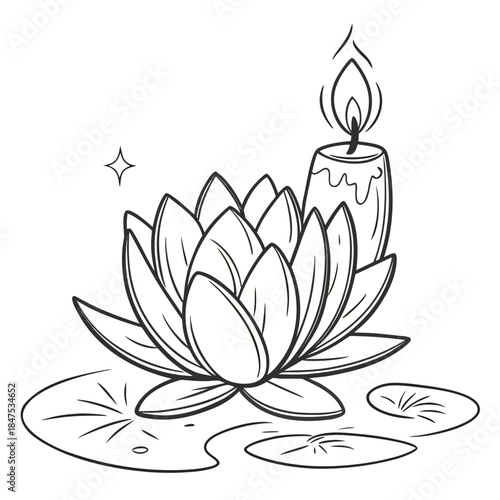 Black and white line of candle on lotus flower with floating lily pads