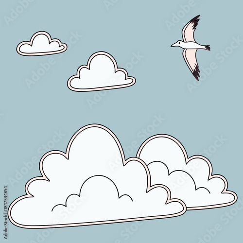 White clouds and seagull on blue background bird