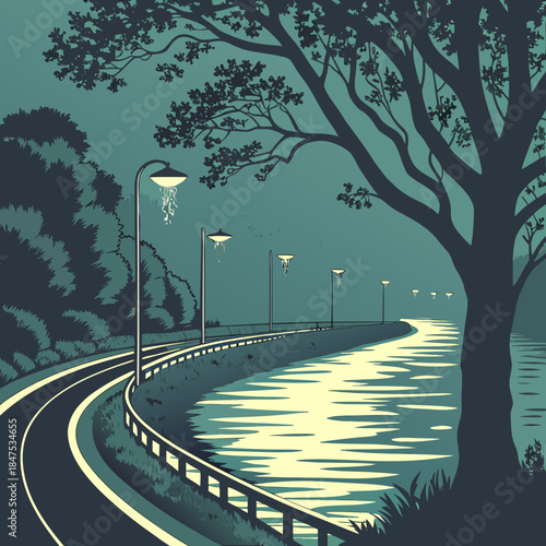 Teal nighttime road by water with streetlights and trees