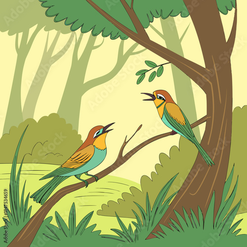 Two colorful birds perched on tree branches in a forest