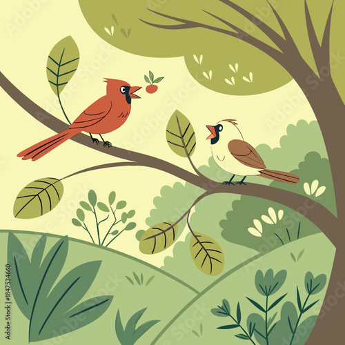 Two birds on a tree branch with leaves and berries