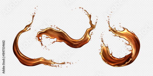 Cola splash with dynamic swirls and droplets on transparent backdrop. Realistic brown liquid waves with flowing motion and scattered bubbles for beverage advertising and cola product design.