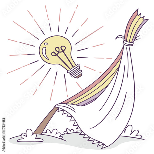 Lightbulb emerging from torn fabric with rays energy