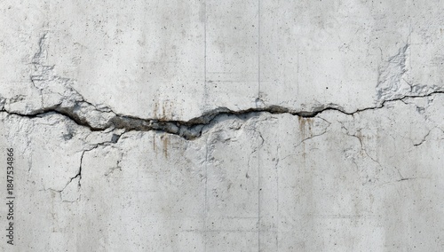 Cracked, textured concrete wall with horizontal fault lines and spalled sections