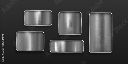 Metal tag collection with brushed steel texture on black background. Realistic 3D plates of chrome borders in rectangular and square shapes with metallic finish for badge design and tag mockup.