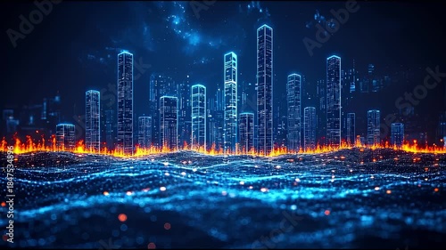 Futuristic Digital Cityscape with Glowing Blue and Orange Data Waves Representing Advanced Technology and Connectivity.