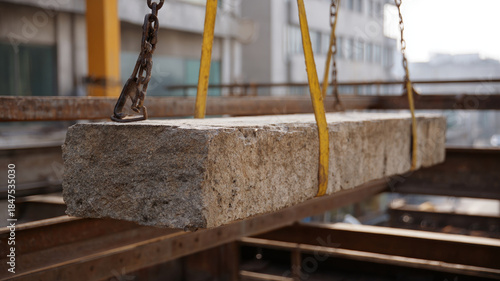 Masonry lintel placement on urban site, stone beam, crane, strap, steel frame