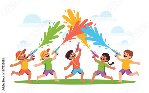 Children playing with colorful water guns on a sunny day