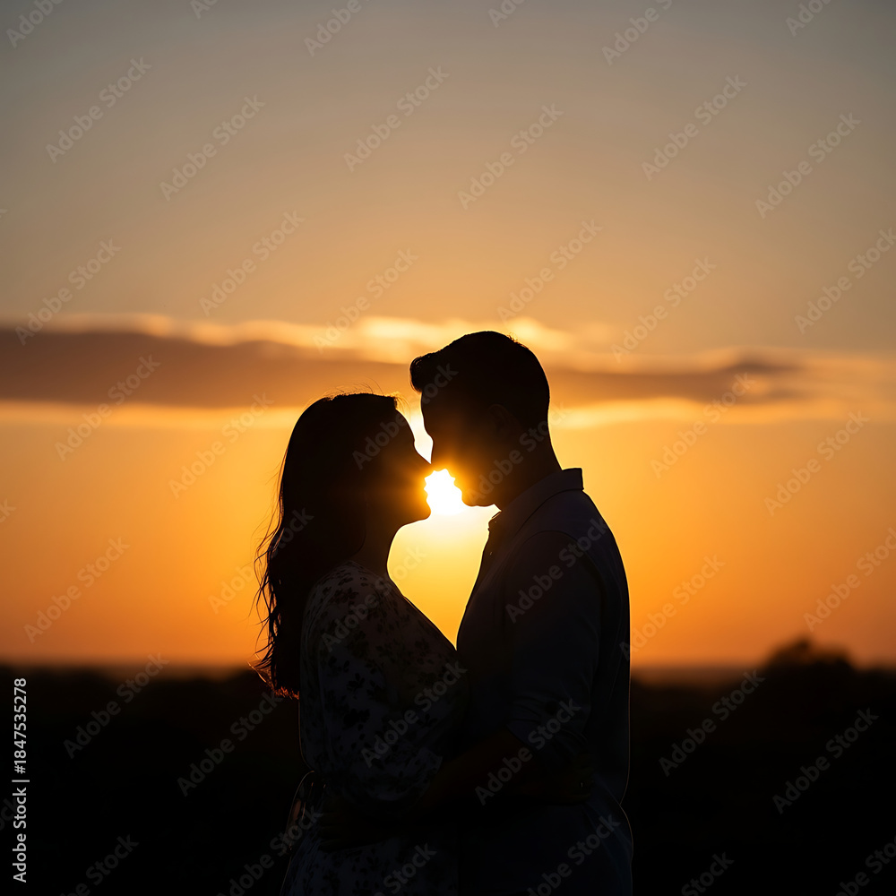 Fototapeta premium Romantic couple silhouette at sunset