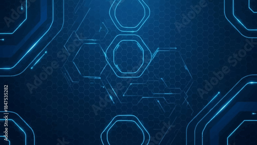Modern abstract blue background with glowing geometric lines. Blue gradient hexagon shape design. Futuristic technology concept. Suit for brochure, science, website, banner, flyer, presentation, cover