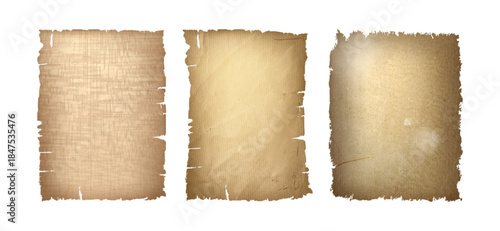 Old parchment pieces set with ripped edges. Vector realistic illustration of torn yellow paper pages, worn antique letter texture, grunge background for vintage newspaper sheet or shabby book design