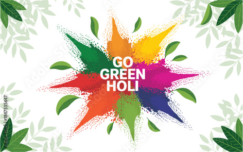 Vibrant Holi celebration with eco-friendly green colors and leaves