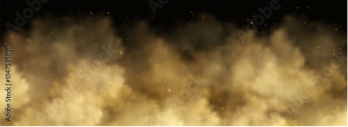 Sand dust cloud with flying particles on transparent background. Desert storm with brown smoke and dirt explosion effect. Realistic sandstorm overlay with powder and wind blown soil for dynamic impact