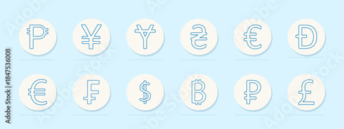 Currency set icon. Circular outlined icons showing various international currency symbols including dollar, euro, yen, pound, bitcoin, ruble, franc, and digital-style formats