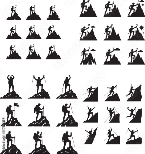 “Mountain Climber at Peak Silhouette – Summit Achievement, Goal, Success Icon”