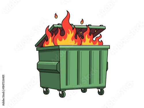 Green Industrial Dumpster Fire Vector Illustration - Chaos and Disaster Concept Art