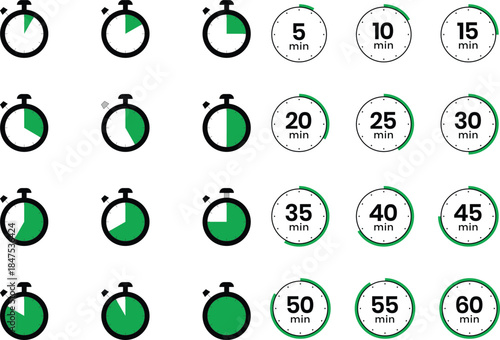 Stopwatch icons timer set countdown clock progress visualization minute intervals graphic design element collection