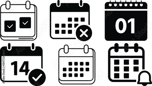 Calendar icons set schedule planning date management appointment reminder notification success failure selection list
