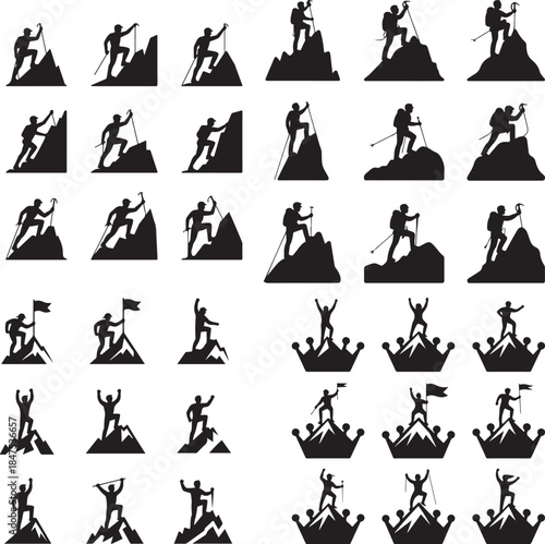 “Mountain Climber at Peak Silhouette – Summit Achievement, Goal, Success Icon”
