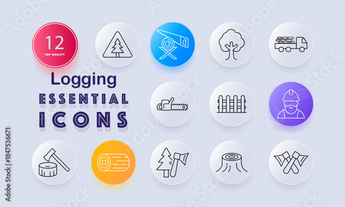 Logging set icon. Tree, chainsaw, wood stump, axe, log pile, timber truck, safety helmet, fence, lumberjack, saw blade, crossed axes, forest tools