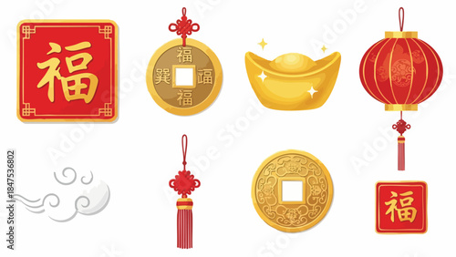 Flat lay of various Chinese New Year decorations and symbols including coins, lantern, and 'Fu' characters on a white background with a festive and celebratory mood.