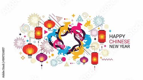 Vibrant graphic illustration celebrating Chinese New Year with colorful lanterns, fireworks, and festive decorations on a white background.