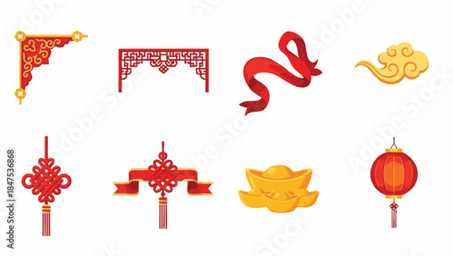 Flat lay of traditional Chinese New Year decorations in red and gold on a white background.