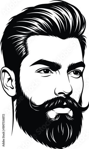 Stylized bearded man illustration, graphic head design, tattoo-style vector, facial hair art, mustache curl, black and white portrait