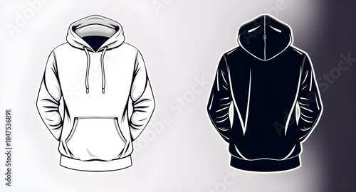 hoodie flat sketch illustration, hooded sweatshirt flat technical drawing, hoodie front back flat sketch, hooded sweatshirt CAD fashion illustration, hoodie technical flats vector, hooded sweatshirt a