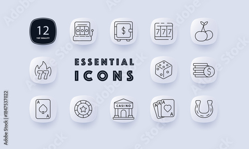 Casino set icon. Slot machine, wallet, cherry, chip, dice, playing cards, casino building, flames, horseshoe drawn with strong line icons in gambling context.