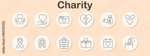 Charity set icon. Heart in hands, love, donation page, cross, gift bag, baby clothes, ribbon, medal, box, calendar, piggy bank, donation.