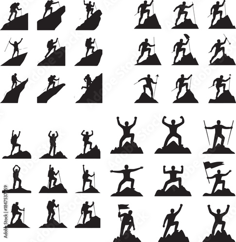 “Mountain Climber at Peak Silhouette – Summit Achievement, Goal, Success Icon”