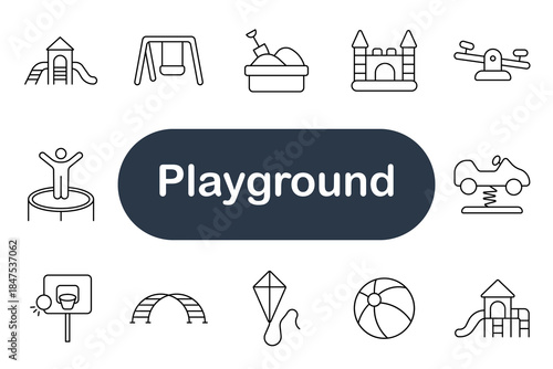 Playground set icon. Slide, swing, sandbox, castle, seesaw, trampoline, car toy, basketball hoop, bridge, kite, beach ball, fun, outdoor, recreation, children, entertainment, amusement