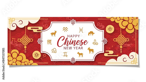 A vibrant red and gold banner with 'Happy Chinese New Year' in a white ornate frame surrounded by various gold decorations on a white background.