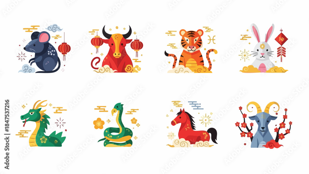 Fototapeta premium Colorful flat lay of eight Chinese zodiac animal icons in two rows on a white background with decorative elements.