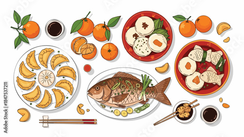Colorful flat lay of various traditional Chinese dishes including fish, dumplings, and oranges with chopsticks on a white background.