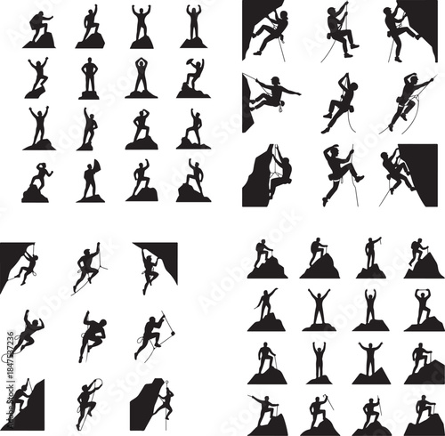 “Mountain Climber at Peak Silhouette – Summit Achievement, Goal, Success Icon”