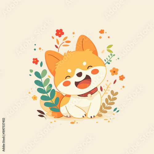 Adorable Shiba Inu Puppy Surrounded by Vibrant Flowers and Leaves.