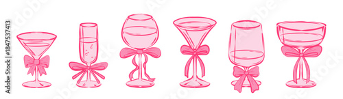 Cocktail glass set with pink bow ribbons - hand drawn martini and wine, champagne and margarita. Elegant cocktail doodles with coquette aesthetic for wedding, bachelorette and valentine party designs.