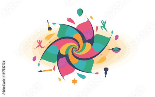 Vibrant swirling shapes with paintbrushes and dancing figures